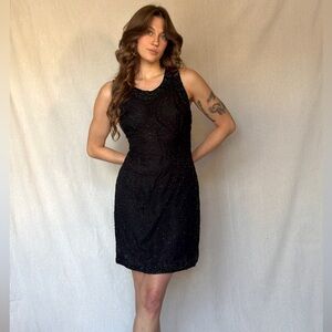 90s Vintage Black Beaded Silk Mini Cocktail Evening Dress